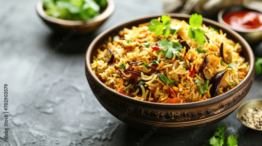 Freshly cooked delicious veg biryani (rice dish) and various toppings in bowl, inviting the viewer to enjoy a serving of this delectable dish. Freshly cooked delicious veg biryani (rice dish) and various toppings in bowl, inviting the viewer to enjoy a serving of this delectable dish.