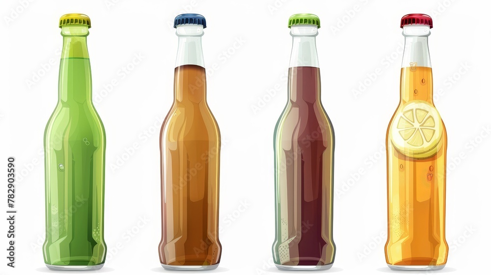Various bottles of beer, soda, and lemonade. Modern realistic set of beverages in clear, brown, and green glass bottles with metal caps isolated on white. Various bottles of beer, soda, and lemonade. Modern realistic set of beverages in clear, brown, and green glass bottles with metal caps isolated on white.