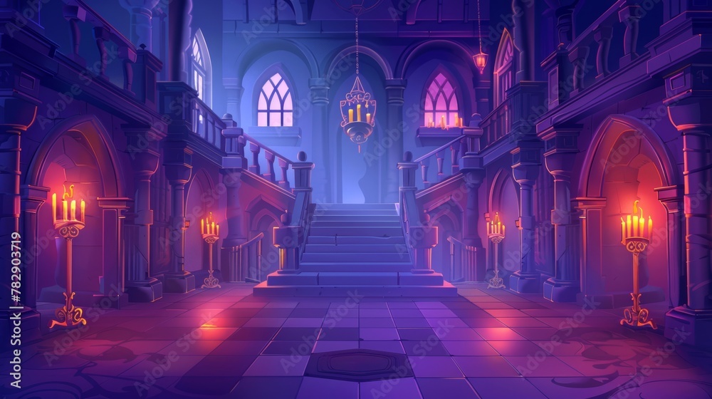 The interior of a medieval castle at night with a ghost. A modern cartoon illustration of an empty hallway in a baroque palace with stairs, balustrades, glowing candles, and mystical fog in the