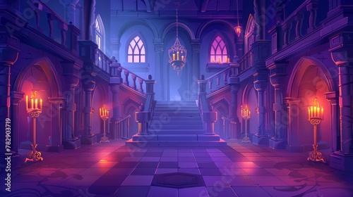 The interior of a medieval castle at night with a ghost. A modern cartoon illustration of an empty hallway in a baroque palace with stairs, balustrades, glowing candles, and mystical fog in the