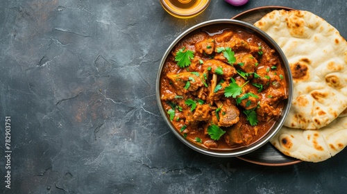 Top View of Homemade Spicy Chicken Curry in brass bowl with flatbread or nan served on dining table.