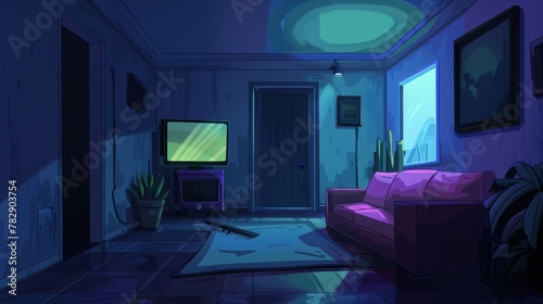Interior view of living room with tv and sofa at night. Dark apartment with corner couch in front of working TV on the wall, empty home with furniture and decor. Cartoon modern illustration.