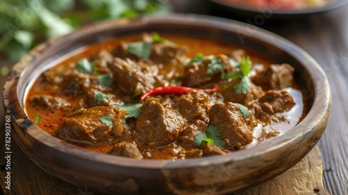 Homemade spicy chicken curry served in bowl, inviting the viewer to enjoy a serving of this delectable dish.