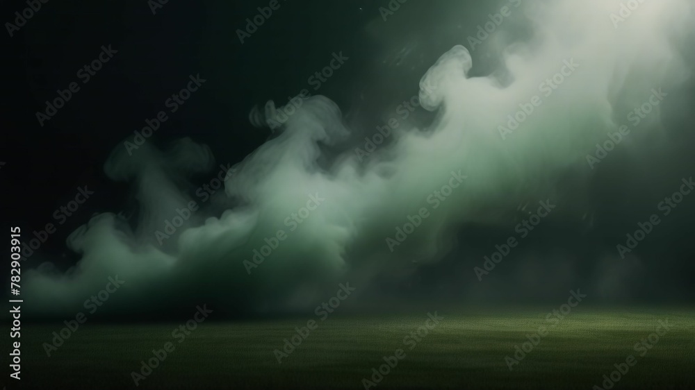 Naklejka premium Smoke green background dark ground light smell toxic black bad fog stadium stink mist. Background green grass smoke cloud fart soccer night field dust poison potion floating sport transparent dirty.