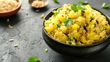wooden bowl filled with delicious Indian rice dish (poha) and various toppings, inviting the viewer to enjoy a serving of this delectable dish.