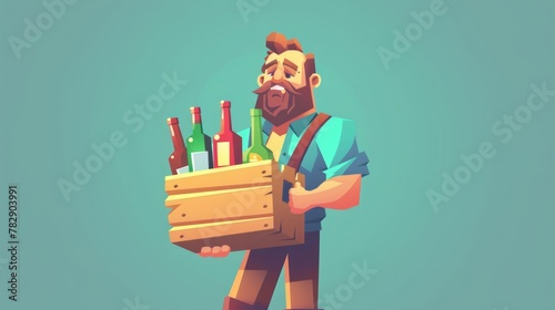 A loader transports a box of bottles to a store, basement or bar. The loader is holding a wooden crate loaded with wine and glass bottles. Modern illustration. photo