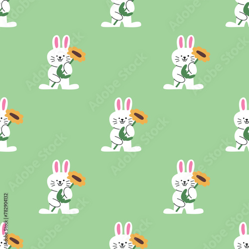 A CUTE WHITE BUNNY IS HOLDING A SUNFLOWER SEAMLESS PATTERN