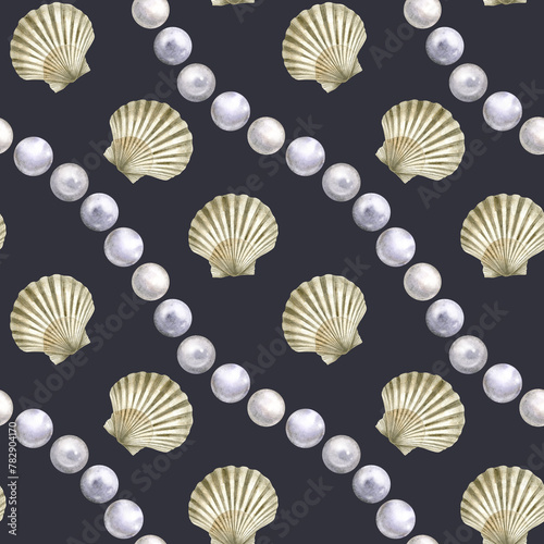Seamless pattern of watercolor Seashell and sea pearls. Hand drawn illustration of sea Shell. Colorful drawing of Scallop. Ocean Cockleshell marine underwater. On dark background. For decoration