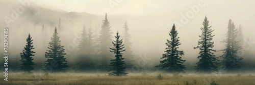 Misty Pine Forest Landscape in Cool Tones