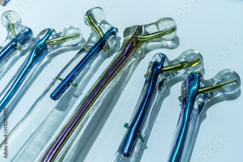 close up view of fracture fixation tool with transparet bone model.