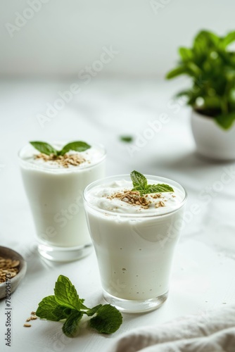 Freshly and Healthy Indian Yogurt Smoothie (Lassi) in Glasses with Garnishes Mints, Ready to be Enjoyed.