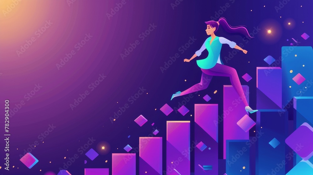 Career development banner with cartoon illustration of business woman running up stairs to the top of a ladder. Modern landing page with concept of self-build career, personal development, and