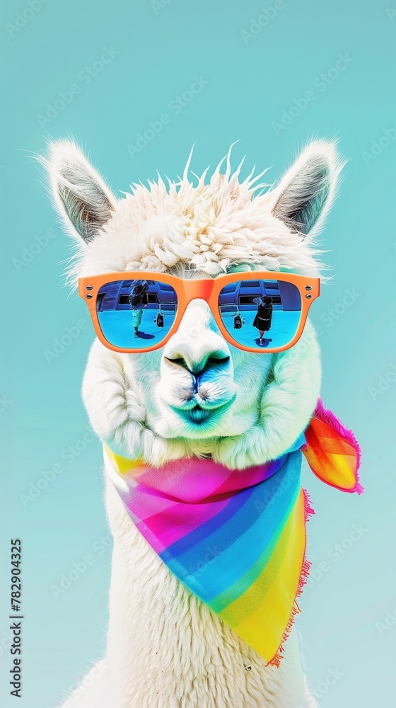 alpaca wearing pink glasses and wrapped in a scarf. vibrant blue color background