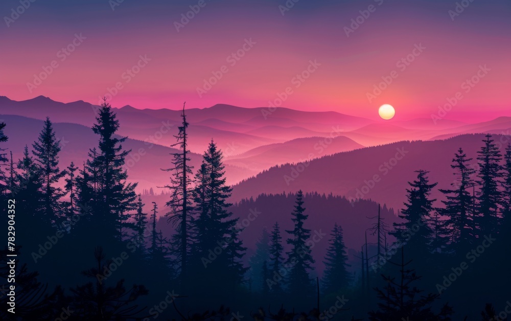 Sunset and silhouettes of trees in the mountains