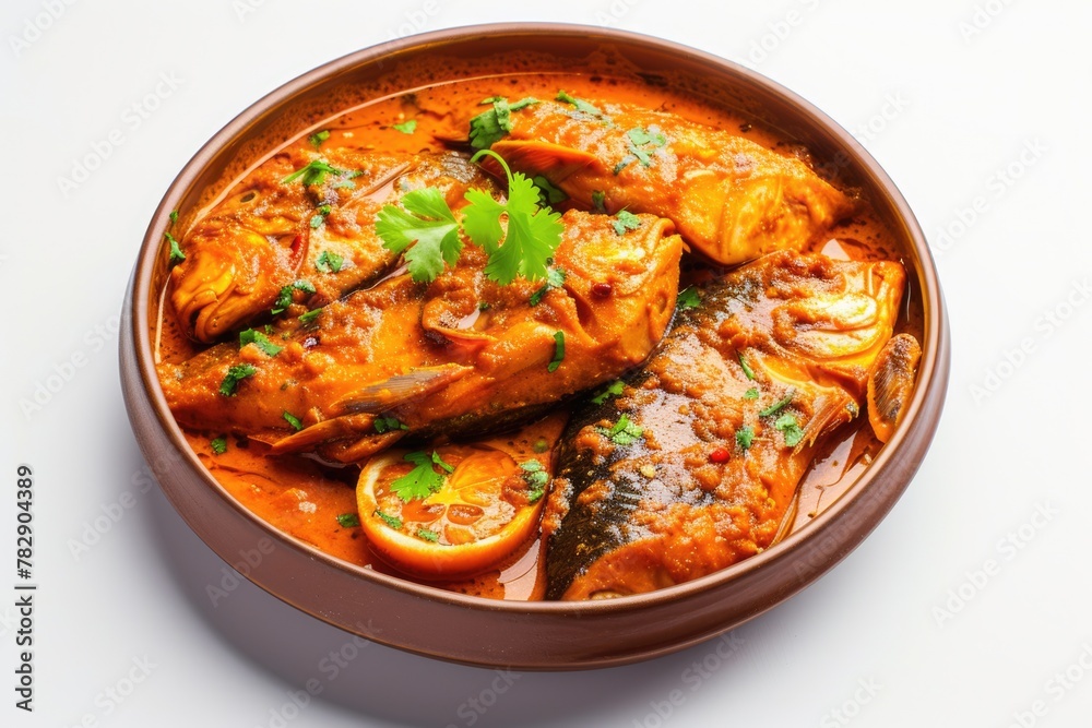 Top View of Appetizing Fish Curry (Indian Fish Masala) Dish Served on Dining Table, Ready to be Eaten and Enjoyed. Top View of Appetizing Fish Curry (Indian Fish Masala) Dish Served on Dining Table, Ready to be Eaten and Enjoyed.