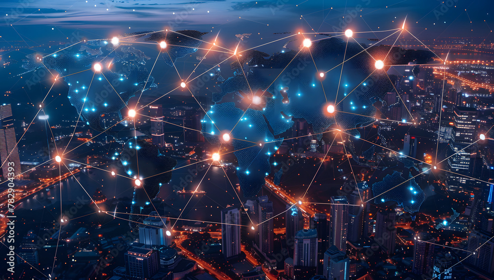 Obraz premium Global Connectivity Map: A Futuristic View of Urban Trade