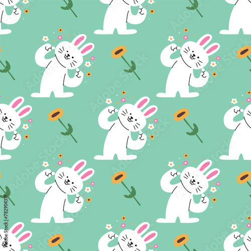 AN ADORABLE WHITE BUNNY AND A SUNFLOWER SEAMLESS PATTERN