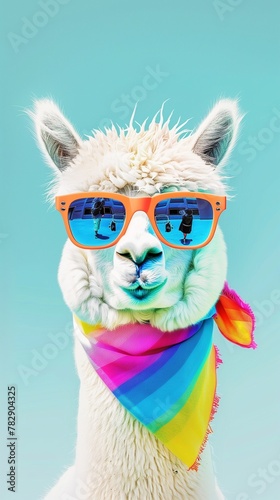 alpaca wearing pink glasses and wrapped in a scarf. vibrant blue color background
