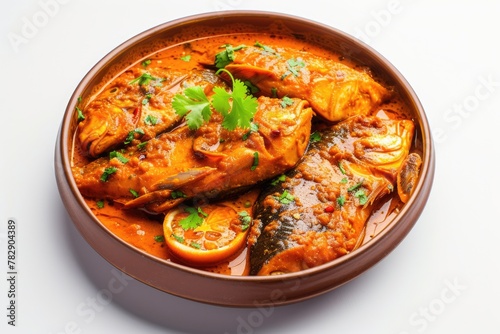 Top View of Appetizing Fish Curry (Indian Fish Masala) Dish Served on Dining Table, Ready to be Eaten and Enjoyed.