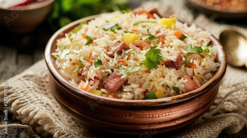 close-up of large brown bowl filled with an appetizing rice dish (biryani) toppings from various vegetables, meat and spices, ready to be served and eaten.