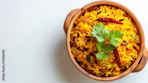brown bowl filled with delicious fried rice dish (turmeric rice), including beans and various spices such as green and red peppers. ready to be eaten and served.