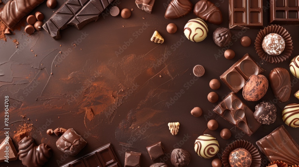 World Chocolate Day Concept. Various chocolates in dark color. Space for text. Banner, background, template. Happy chocolate day. - obrazy, fototapety, plakaty 