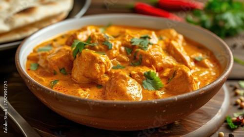 Freshly Cooked Chicken Curry Dish Served on Dining Table, Ready to be Eaten and Enjoyed.