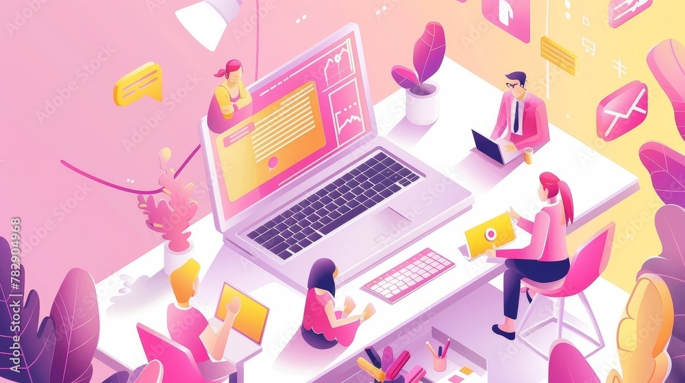 An isometric web banner showing three tiny people communicating via Internet video call at a large laptop. An isometric web banner showing a distant workplace, a virtual meeting with colleagues. An isometric web banner showing three tiny people communicating via Internet video call at a large laptop. An isometric web banner showing a distant workplace, a virtual meeting with colleagues.