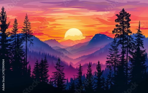 Sunset and silhouettes of trees in the mountains