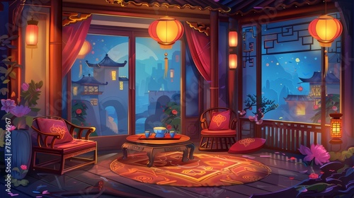 A Chinese living room with a wooden table, chairs, and red cushions at night. Modern cartoon interior of a Chinese house with lanterns, a tray with tea, and flowers.