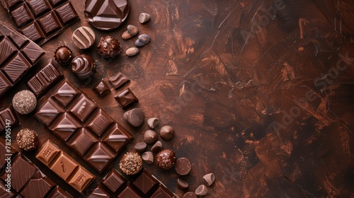 World Chocolate Day Concept. Various chocolates in dark color. Space for text. Banner, background, template. Happy chocolate day. Delicious background.