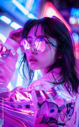 photo of an extremely beautiful Asian woman with long black hair and bangs  wearing futuristic neon glasses and a white top and pink iridescent jacket  posing in front of a cyberpunk nightclub