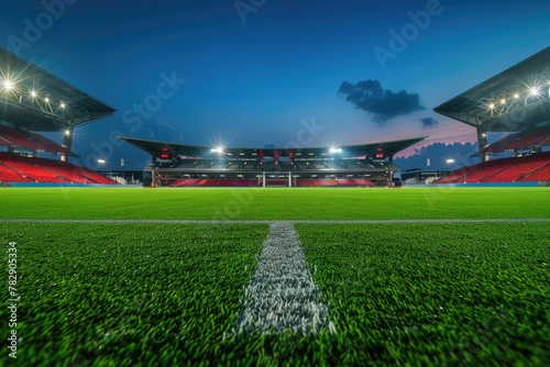 An empty soccer stadium with red seats and green grass field, night time.
