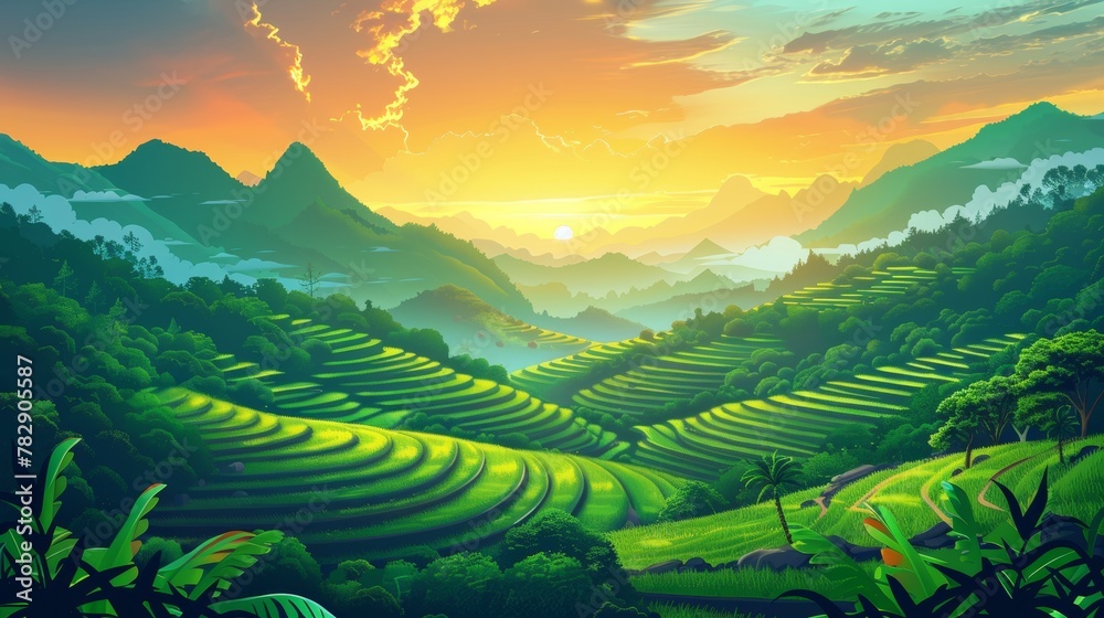 Obraz premium The sunset landscape of Asian rice terraces in mountains. Paddy plantations, cascades farm in mount rocks with the sun going down in a beautiful cloudy orange sky, landscape dusk view, Cartoon modern