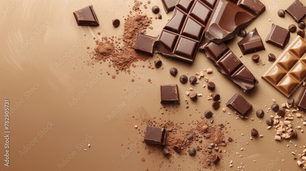 Fototapeta premium World Chocolate Day Concept. Various chocolates in dark color. Space for text. Banner, background, template. Happy chocolate day. Delicious background.