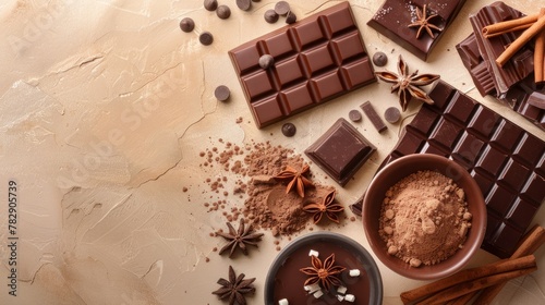 World Chocolate Day Concept. Various chocolates in dark color. Space for text. Banner, background, template. Happy chocolate day. Delicious background.