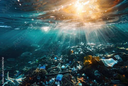 Underwater shot of plastic pollution in the ocean, glowing sunlight, deep blue sea with sun rays shining through surface. © grigoryepremyan