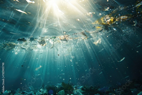Underwater shot of plastic pollution in the ocean  glowing sunlight  deep blue sea with sun rays shining through surface.