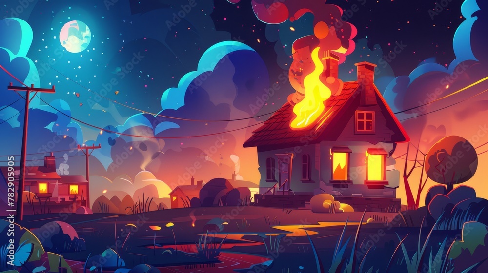 Burning suburban cottage with flames in the windows. Long blaze tongues ...