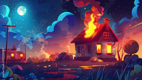Burning suburban cottage with flames in the windows. Long blaze tongues in real estate countryside building. Dangerous accident at home. Cartoon modern illustration.