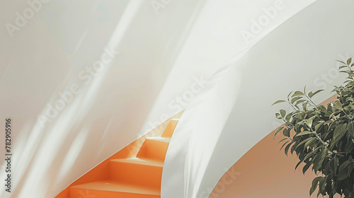 Orange spiral staircase in white interior photo