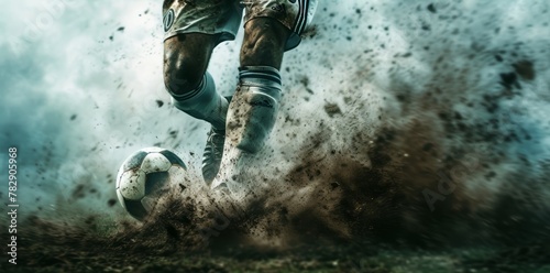 a soccer player kicking a soccer ball photo