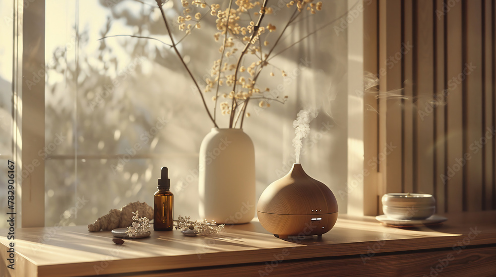an aroma diffuser with summer blends of essential oils is located on the side of the frame an aroma diffuser with summer blends of essential oils is located on the side of the frame