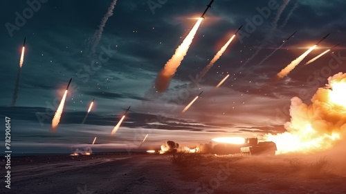 many ballistic missiles fly from the sky against the background of a dark sky at dusk over unpaved ground photo