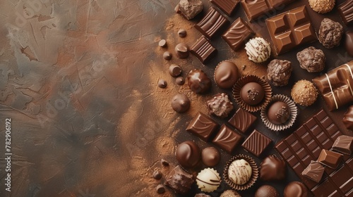 World Chocolate Day Concept. Various chocolates in dark color. Space for text. Banner, background, template. Happy chocolate day. Delicious background. photo