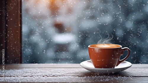 A hot cup of black coffee is placed on the table by the snow-falling window. 