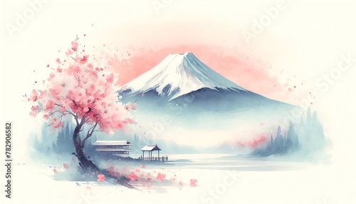 Watercolor style illustration of serene scene of mount fuji.