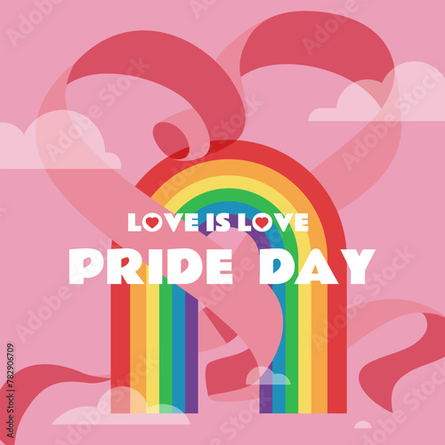 A heart-shaped ribbon weaving through a rainbow archway, concept illustration for Pride Day