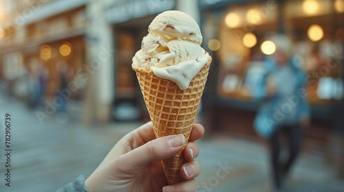Tantalizing Vanilla Ice Cream Cone Against Vibrant Shop Background