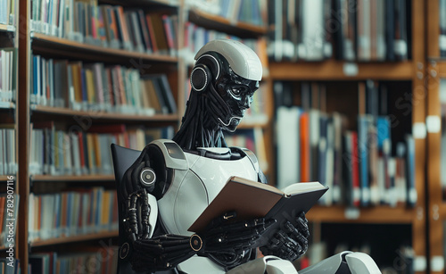 AI robot sitting and reading book in library. Embracing knowledge in the digital age. 